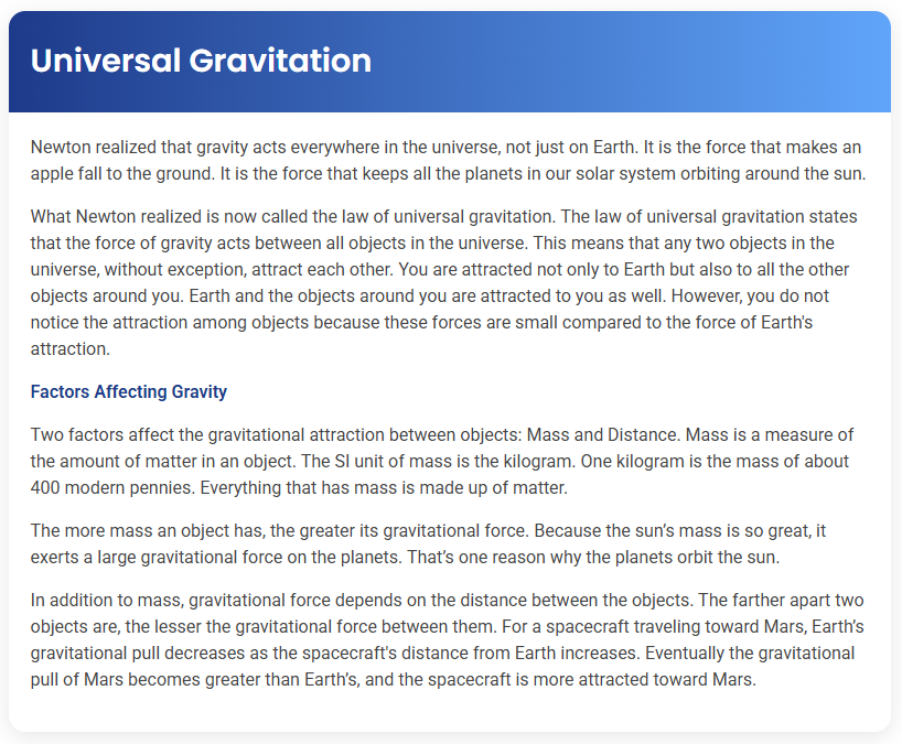 STEP – Reading Section –  Universal Gravitation