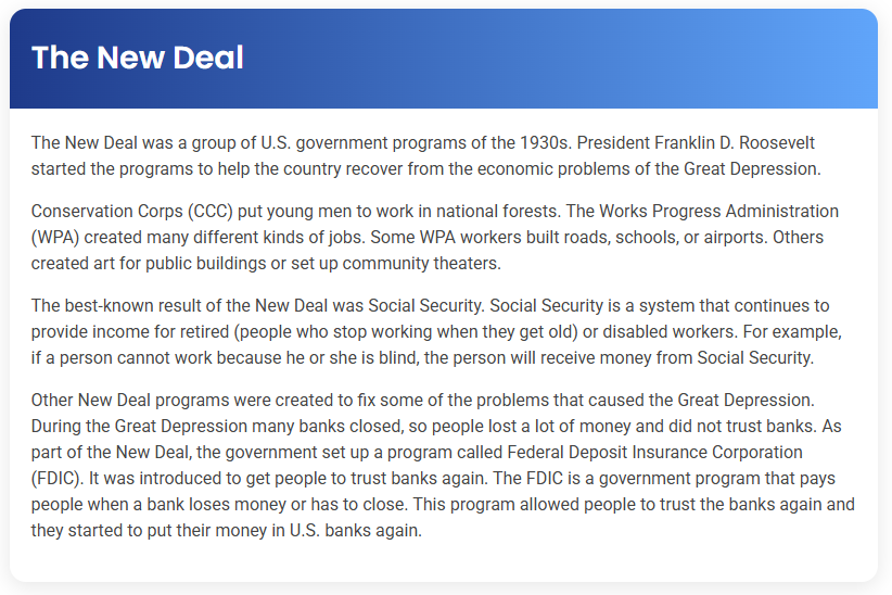 STEP – Reading Section –  The New Deal