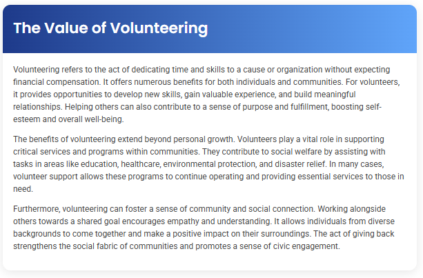 STEP – Reading Section –  The Value of Volunteering