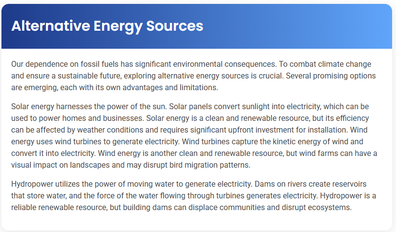STEP – Reading Section – Alternative Energy Sources