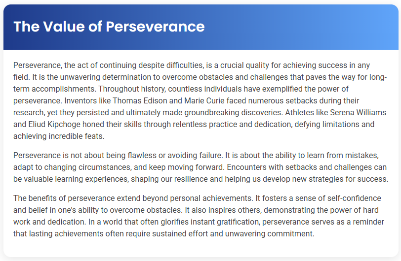 STEP – Reading Section – The Value of Perseverance