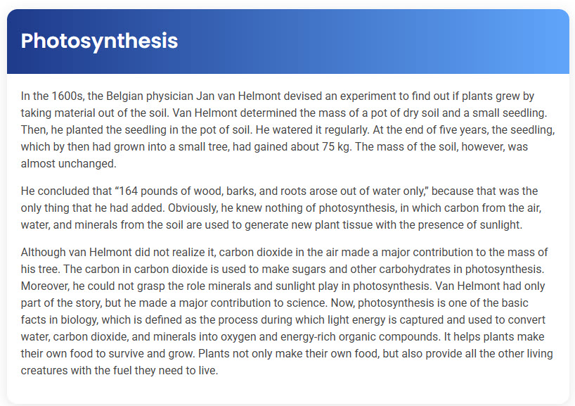 STEP – Reading Section – Photosynthesis