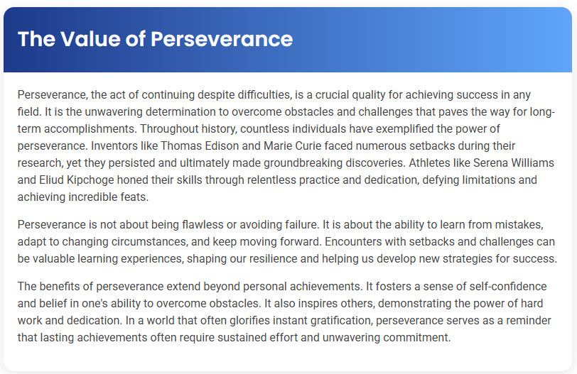 STEP – Reading Section – The Value of Perseverance