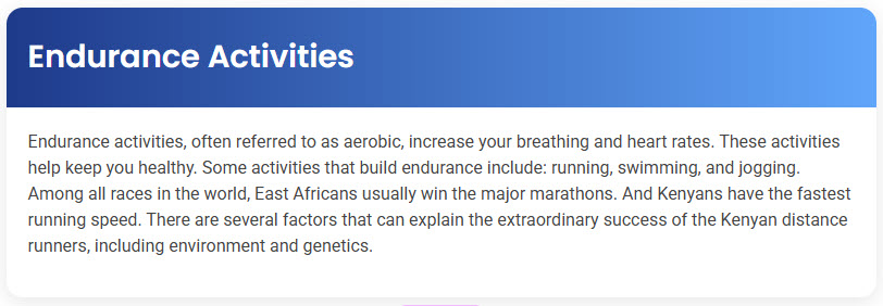 STEP – Reading Section – Endurance Activities